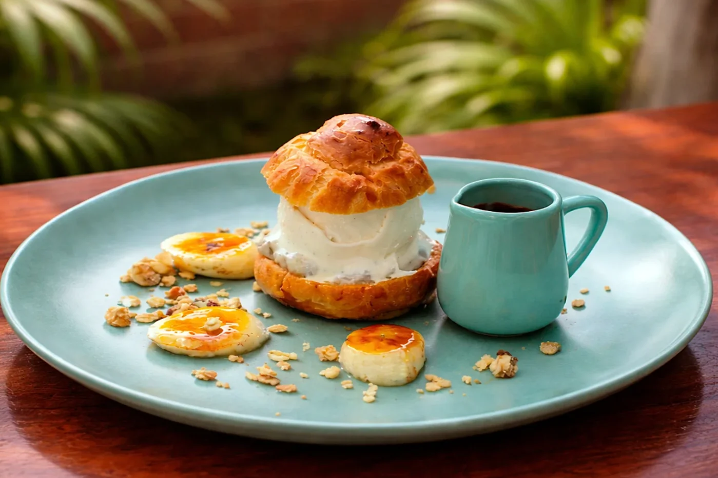 Banana choux filled with ice cream, with caramelised banana slices