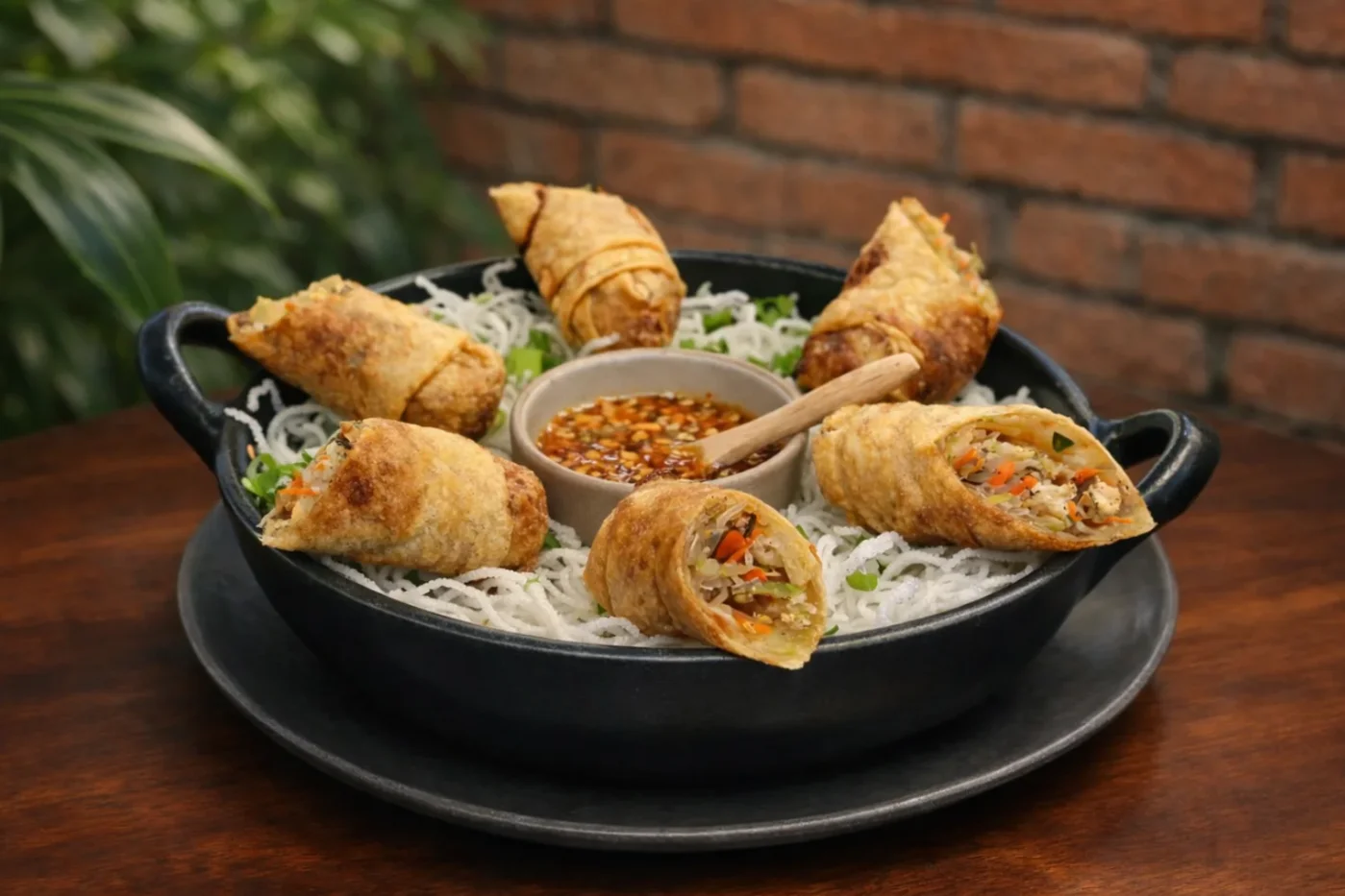 Crispy pork spring rolls on rice vermicelli with a dipping sauce